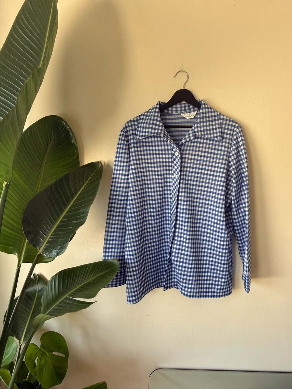 Vintage Sears Fashions Blue and White Gingham Check Long Sleeve Button Up Shirt